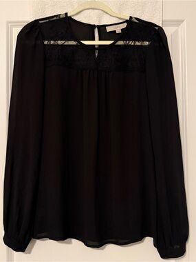 LOFT Black Long-Sleeve Lace Yoke Blouse